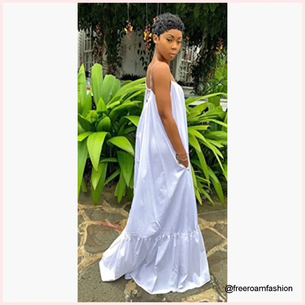 Spaghetti Strap Maxi Dress with Pockets Ruched Ruffle Hem Loose Fit